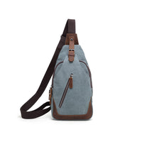 canvas sling bag with leather trim
